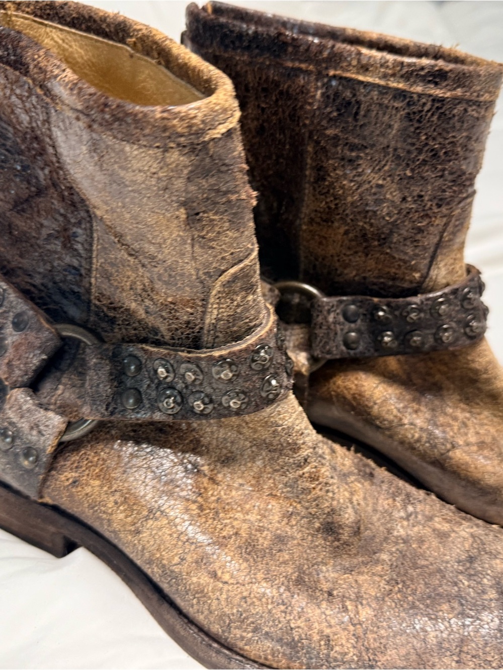 Frye Philip Moto Studded Distressed Brown Leather Ankle Boots - Picture 16 of 16